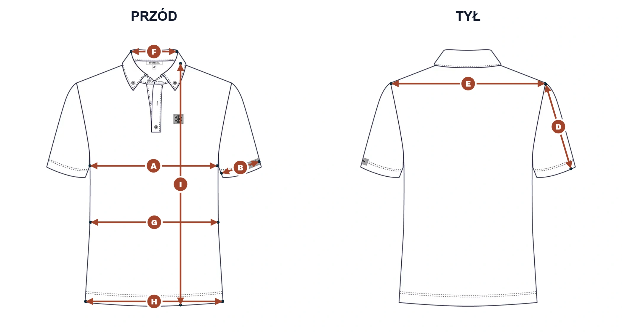 Szkic i punkty pomiarowe Core – męska koszulka polo treningowa do jazdy konnej z krótkim rękawem, White | FUERZARIA